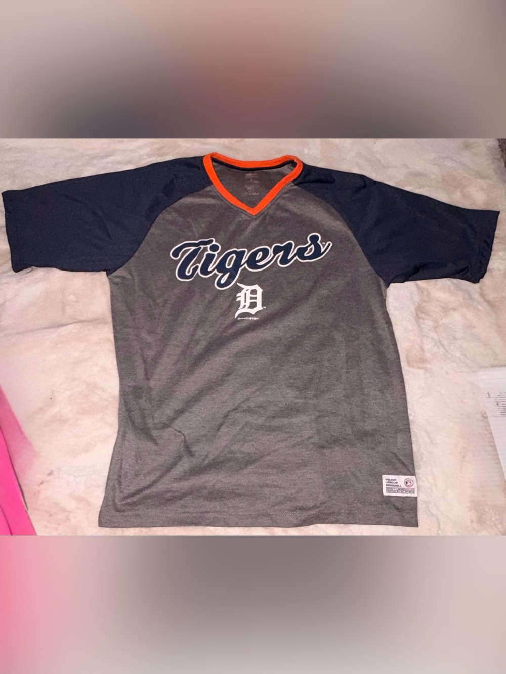 Detroit Tigers Dynasty MLB Gray Navy V-Neck Jersey Shirt Size Large